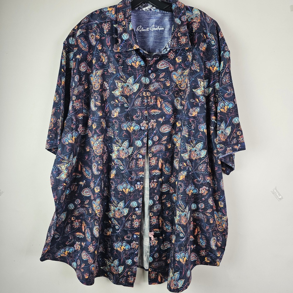 Robert Graham Mens 4XL Paisley Floral Button Down Shirt Navy Blue Short Sleeve